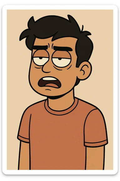 tan complexion male, black hair, rolling eyes, cartoon style sticker