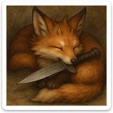 a sleeping fox kitsune with a knife in his mouth, detailed, cute, fantasy style sticker
