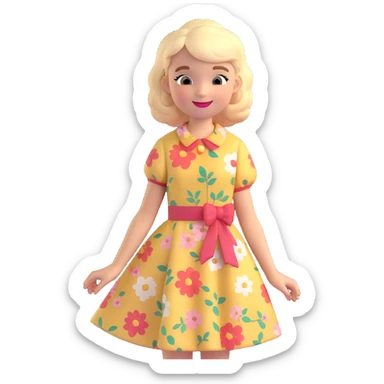 girl in a vintage floral dress, smiling, retro hairstyle sticker