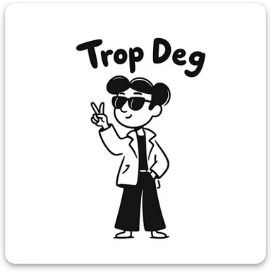 Sketchy character with sunglasses looking extremely cool with 'Trop Deg' text sticker
