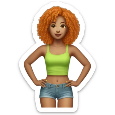 Woman with very short orange curly hair wearing a lime green tube top and very short jean shorts sticker