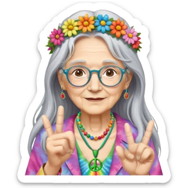 elderly woman with long grey hair, glasses, peace sign necklace, tie-dye clothing, flower crown sticker