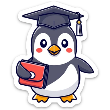 A cute penguin with beautiful eyes, very happy, wearing a graduation cap with the letter 'Ю' on it, holding a wallet. sticker