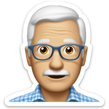 80-year-old grandfather with white skin color, blue eyes and glasses to see, wearing a white and blue checkered shirt. With white hair on the sides of his head. No hair in the middle of the head. sticker