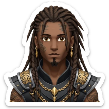 A dark-skinned figure with hollow cheekbones, a sharp jawline, and intense dark brown eyes. His hair is a mess of 7-inch-long dreadlocks, with a fresh hairline and low taper. His body is covered in intricate tattoos, and he wears an armor vest. Gold earrings adorn his ears, and his  sticker
