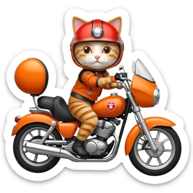 Cat on red and black motorcycle with helmet sticker