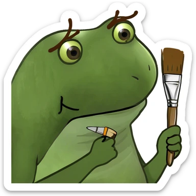 with brown afro, holding up a paint brush sticker