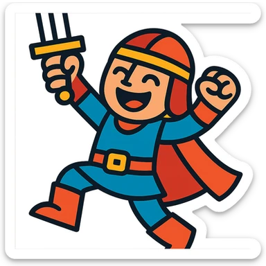 a joyful warrior with a sword raised in triumph, smiling, energetic pose sticker