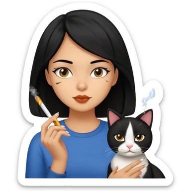 Girl with black hair and tan skin smoking with her cat sticker