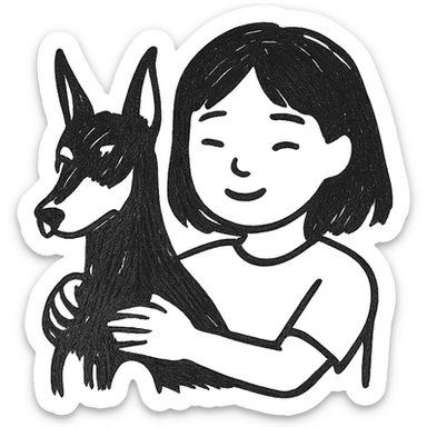 A medium black hair Asian girl holding a Doberman sticker