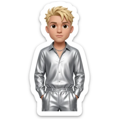 Aaron Carter with brown eyes, blonde hair, silver metallic shirt, silver metallic baggy pants, silver necklace sticker