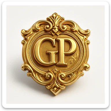 gold emblem with GP in the center, ornate and reflective, in gold objects style sticker