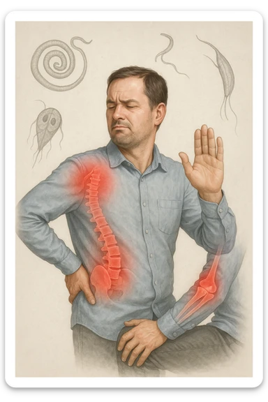 uomo che ignora i suoi un mal di testa, mal di schiena e dolore articolare e ignora ogni segnale e messaggio che il corpo manda per avvertirlo, ma alla fine dipendono tutto dai parassiti intestinali realistica sticker