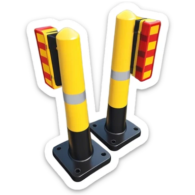 Two reflector-equipped traffic bollards with a caution tape stretched between them, marking a restricted or blocked area sticker