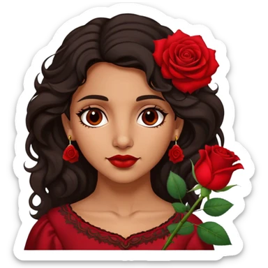 A Romani woman with dark wavy hair, a single red rose tucked behind one ear sticker