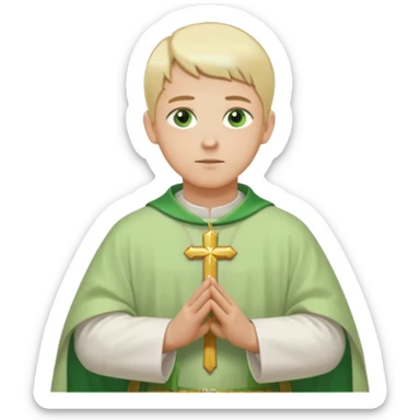 a priest, green eyes, blonde hair, light green chasuble (A wide, flowing, bell-shaped outer robe, without any religious symbols). opening arms, gazing thoughtfully. Soft light, subtle fern. Waist-up, profile. sticker
