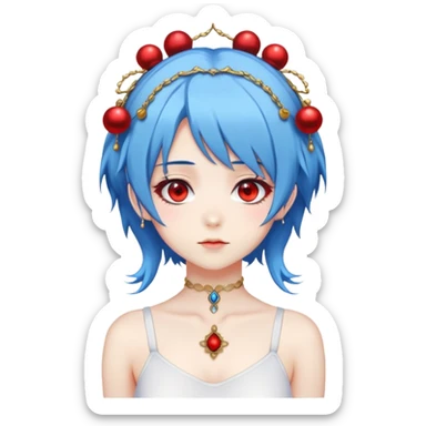 blue haired anime girl with red eyes, two dangly thangs on her head and a white bodysuit sticker