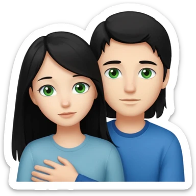 Make a couple hugging the girl is white with long black hair with blue eyes. The girl is hugging a boy with light brown short hair with green eyes. sticker