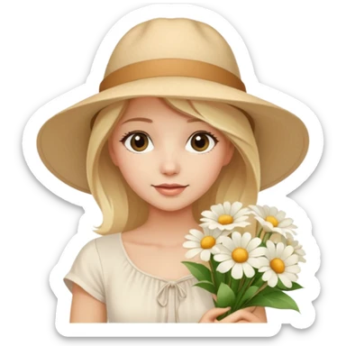 beautiful model blonde girl in a summer beige hat in a beautiful white top with a bouquet of white flowers sticker