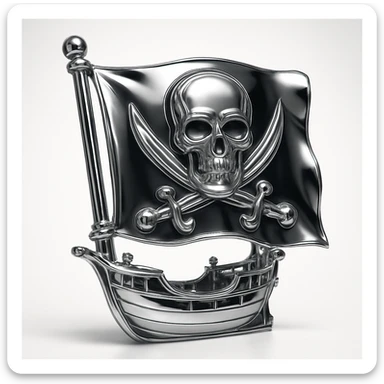 chrome style close-up of pirate ship focusing on flag with chrome emblem based on skull and crossed bones, ship's chrome details glinting in the light sticker
