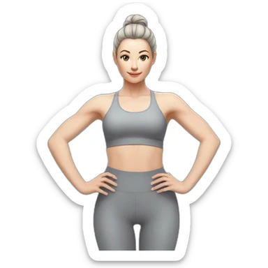 Pale skinned fit woman In a gray tight yoga suit and wristbands With black hair in a bun doing yoga sticker
