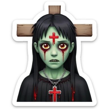 zumbi verde com olhos vermelhos sangrando e franja roupa preta e um crucifixo como colar sticker
