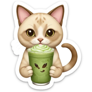 Happy Siamese Cat holding in its paws an iced matcha latte sticker
