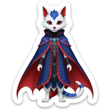Kawaii gothic badass black, red, indigo, cute beautiful pretty elegant divine edgy feline-vernid-sergal-Haku-dragon-fursona-animal-creature, full body, with intricate detailed markings, Embroidered capelet, silken shawl sticker