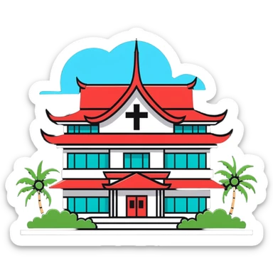 Modern Thai hospital building with traditional Thai roof elements, medical cross symbol, palm trees sticker