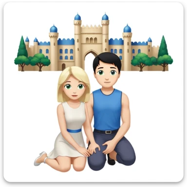 Man as prince, upright, black Hair, blue eyes, woman, blonde, green eyes, shott white sleveless Dress, kneeling, background palace sticker
