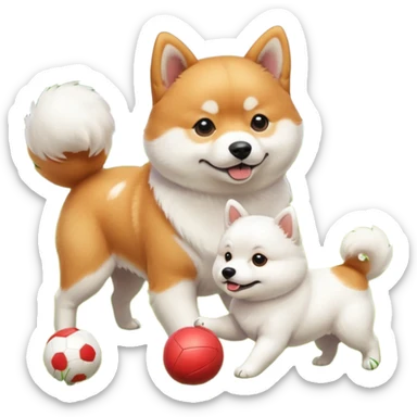 2 dogs, a ginger shiba inu and a small white dog breed coton de tulear, playing with a ball in a sunny garden sticker