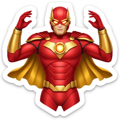 "A high-quality die-cut sticker of a tech-based armored superhero in a dynamic flying pose. Vibrant red and gold metallic plating, glowing circular chest piece, thick white border, flat vector art style, white background." sticker