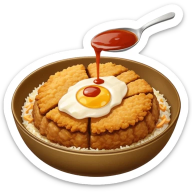 katsudon in a bowl: bowl filled with rice, a bit of sauce over the rice and a breaded pork cutlet sticker