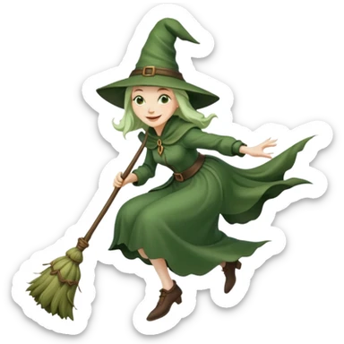 Traditional green old witch flying on a broom emoji sticker