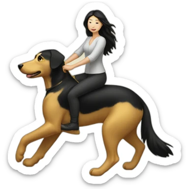 White woman with a black hair ridding a golden dog sticker
