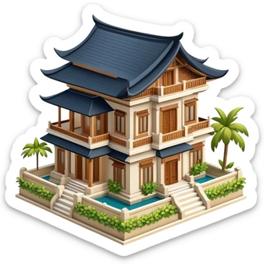 Balinese mansion, isometric dollhouse-style, realistic sticker