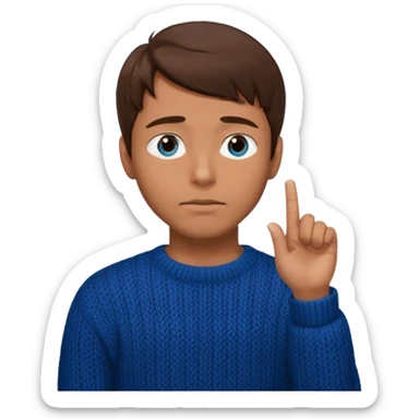 man in black knitted sweater in thinking pose, blue eyes brown hair, index finger touching his chin, eyes looking up to the top right sticker