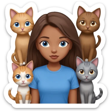 a pretty bratz dusky girl with long brown hair, blue eyes with six cats nd wearing a grey tshirt sticker