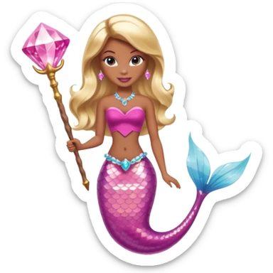 Brown skin blonde hair barbie mermaid with pink diamond tail and wand  sticker