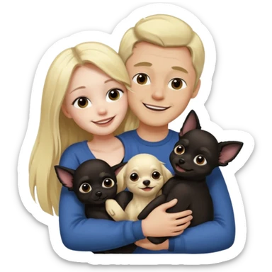 Hombre con pelo largo rubio chica de pelo negro  oscuro  y chihuahua negro amor sticker