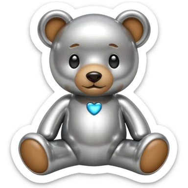 A cute teddy bear emoji made of liquid silver chrome, smooth rounded body, glossy metallic surface, soft reflections, friendly proportions, iOS emoji style, centered, clean white background sticker