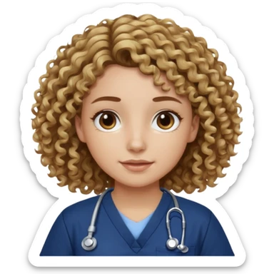 Curly brown hair with blonde highlights and a navy blue scrub top sticker