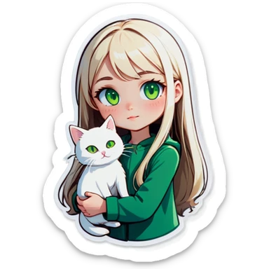 A pale girl with long blonde straight hair and green eyes holding a small white cat sticker