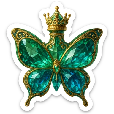 elegant crystal butterfly-shaped bottle with short neck and princess crown, green and blue colors, many facets, glowing, ornaments, golden details, transparent background, floating in air, very close to the original sticker