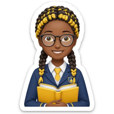 Girl student wearing uniform, glasses, hold yellow book in front of their chest, black braided hair, dark skin sticker