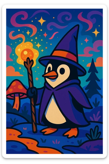 a penguin dressed as a wizard, wearing a pointed hat and holding a magic staff, in a magical setting, vibrant and whimsical style sticker