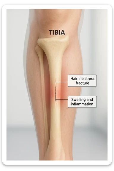 3D realistic medical illustration: a close-up of a human lower leg (tibia), showing the bone with a visible hairline stress fracture. The surrounding soft tissue is semi-transparent, highlighting mild swelling and inflammation. Educational labels point to the fracture site. The background is clean and clinical, with a subtle gradient. sticker