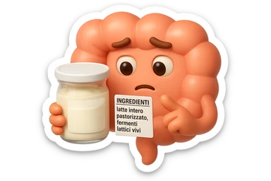 EMOJI STILE IPHONE 3D DI UN INTESTINO CHE HA IN MANO UN BARATTOLO DI YOGURT CONFEZIONATO DA SUPERMERCATO E LEGGE L'ETICHETTA NUTRIZIONALE CON GLI INGREDIENTI IN ITALIANO, ACCANTO ALLO YOGURT CHE HA IN MANO C'è UN FOCUS SULL'ETICHETTA CON GLI INGREDIENTI SCRITTI sticker