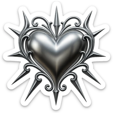 Add sharp metallic spikes to the black gothic heart in chrome 3D style, maintaining the shiny metallic chrome look with no background. sticker
