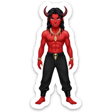 Satan with red skin, long black hair, black sequin baggy pants, shirtless with necklace sticker